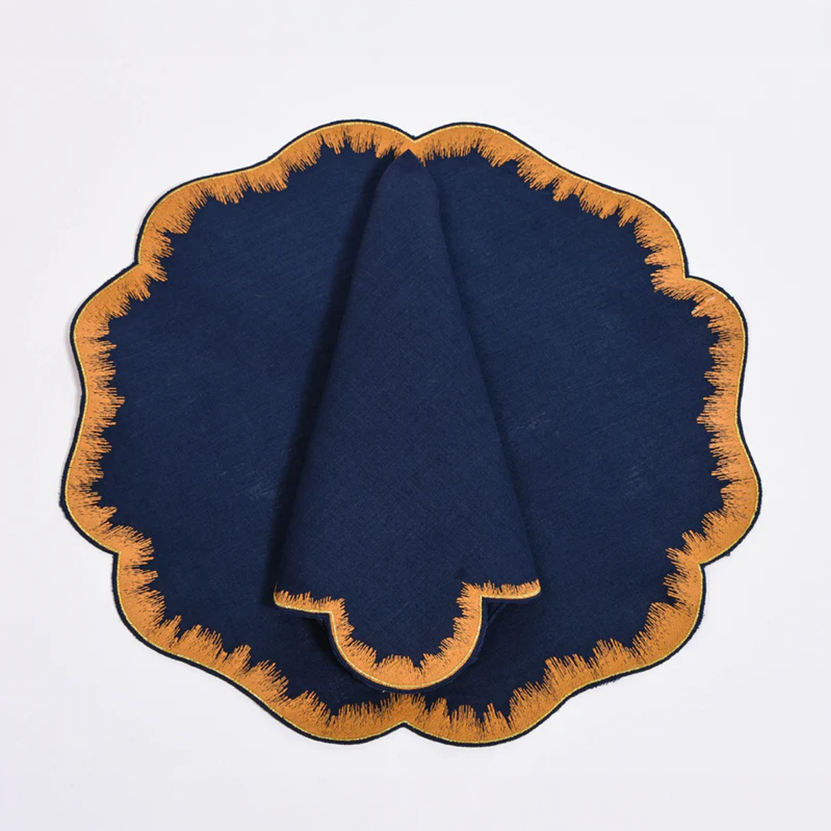 Embroidered Navy and Amber Placemats and Napkins