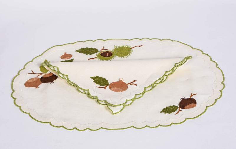 Hand Embroidered Chestnut Placemat and Napkin Set