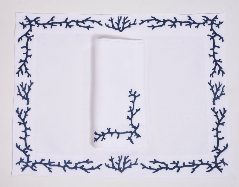 Set of 12 Linen and Coral Placemats and Napkins