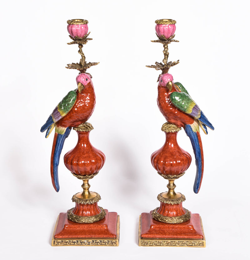 Pair of Red Parrot Candelabra