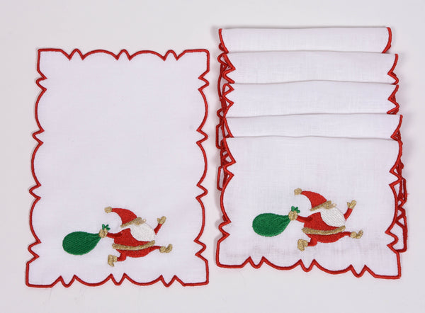 Set of 6 Embroidered Santa Cocktail Napkins