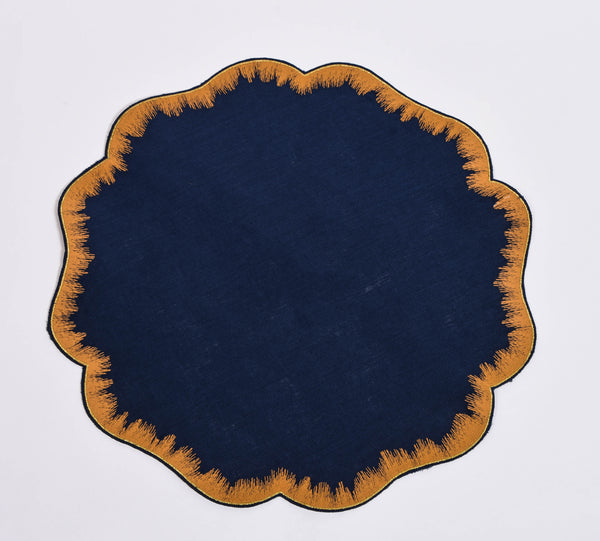 Embroidered Navy and Amber Placemats and Napkins