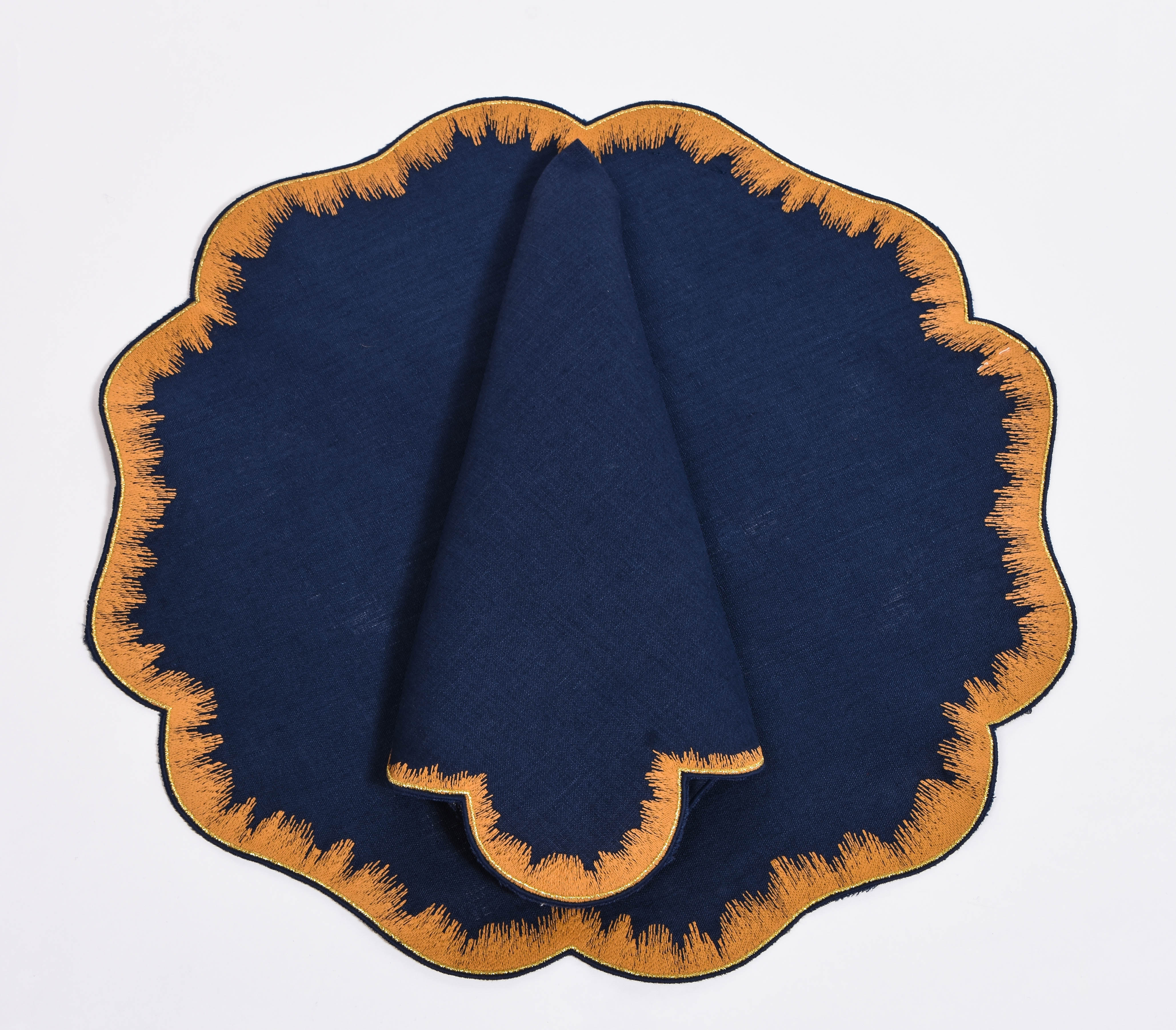 Embroidered Navy and Amber Placemats and Napkins